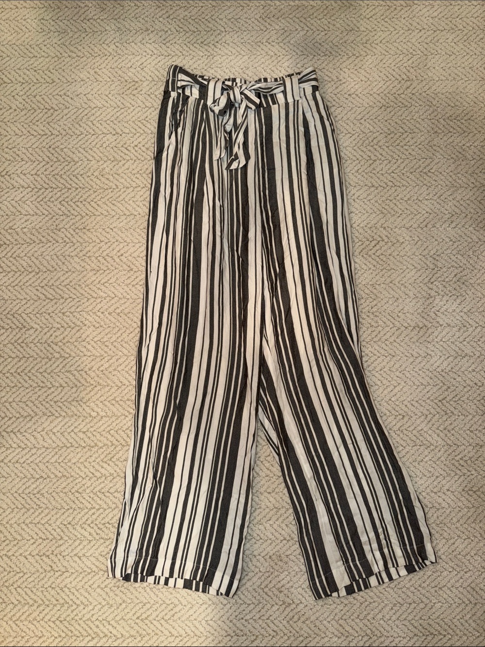 H&M Black & White Vertical Stripe Wide Leg Pants with Tie Waist